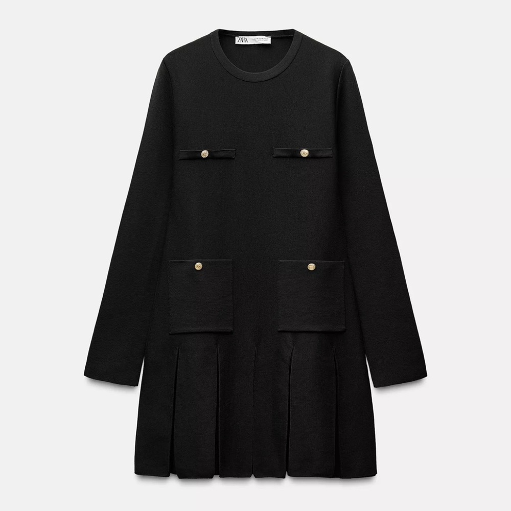 NWT • Zara Pleated Short Black Knitt Dress • M